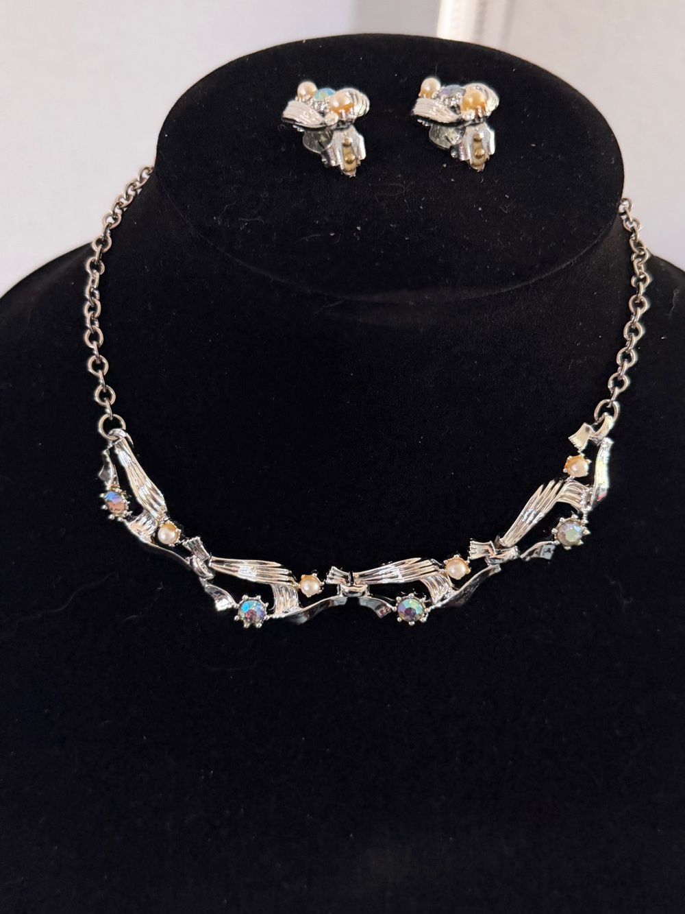1950s NOS Aurora Borealis Rhinestone Necklace Earrings Set Original Princess Box